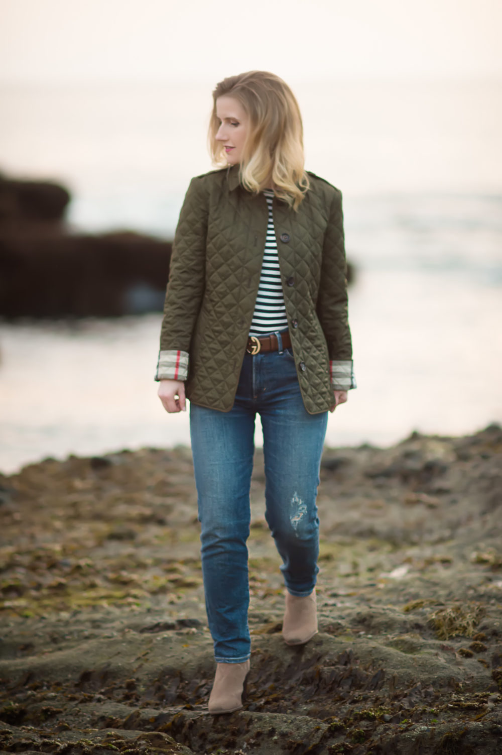 Petite Fashion and Style Blog | Burberry Diamond Quilted Jacket | Gucci Double G Belt | Vince Camuto Franell Notched Bootie | Click to Read More...