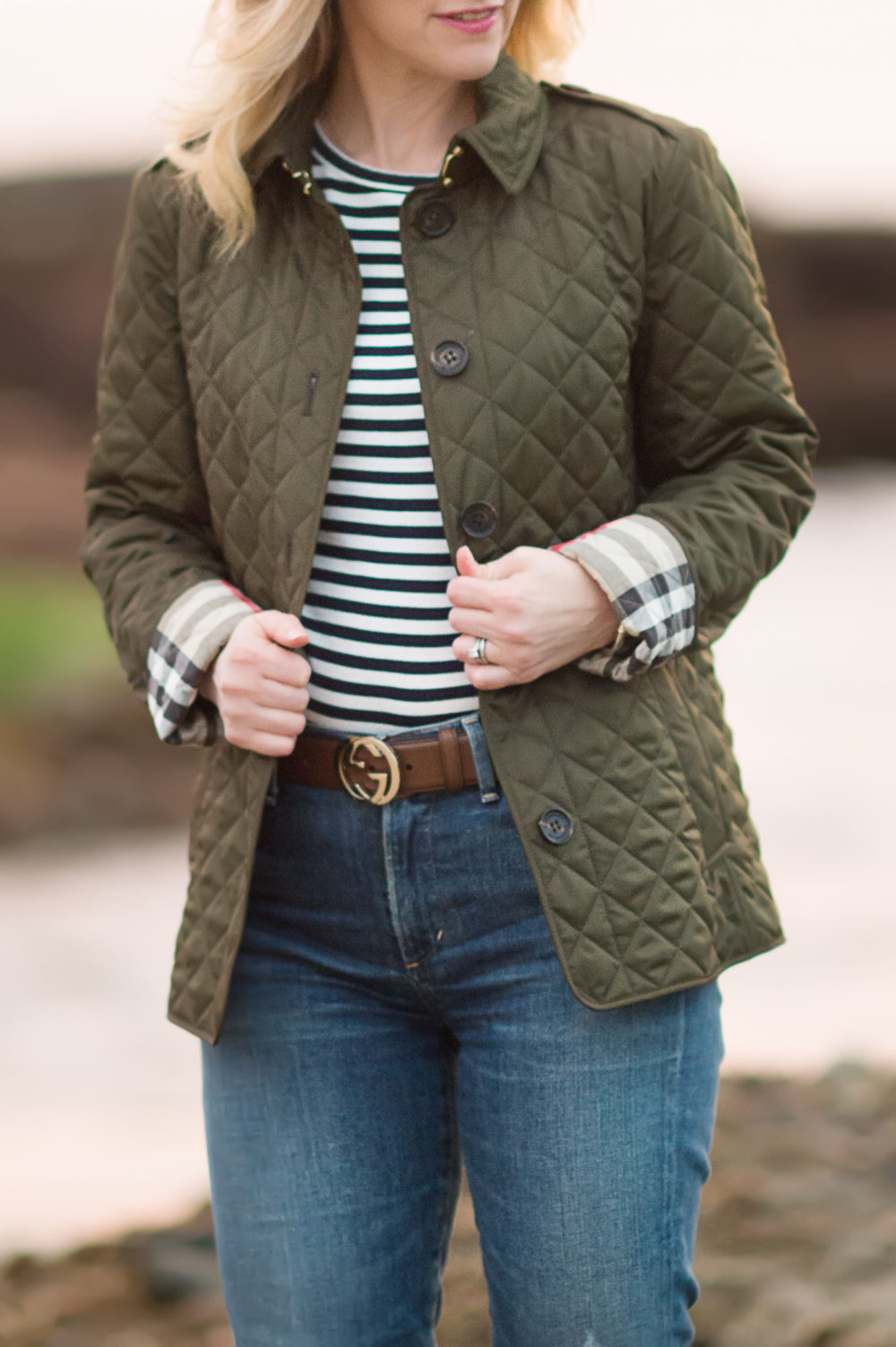 Petite Fashion and Style Blog | Burberry Diamond Quilted Jacket | Gucci Double G Belt | Vince Camuto Franell Notched Bootie | Click to Read More...
