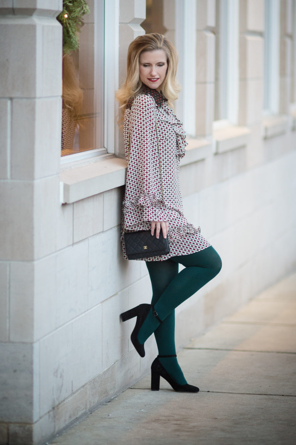 Petite Fashion and Style Blog | Sister Jane Petite Dres With Collar and Frills | Hue Super Opaque Tights | Clarks Chrysa Suede Pumps | Chanel WOC | Click to Read More...