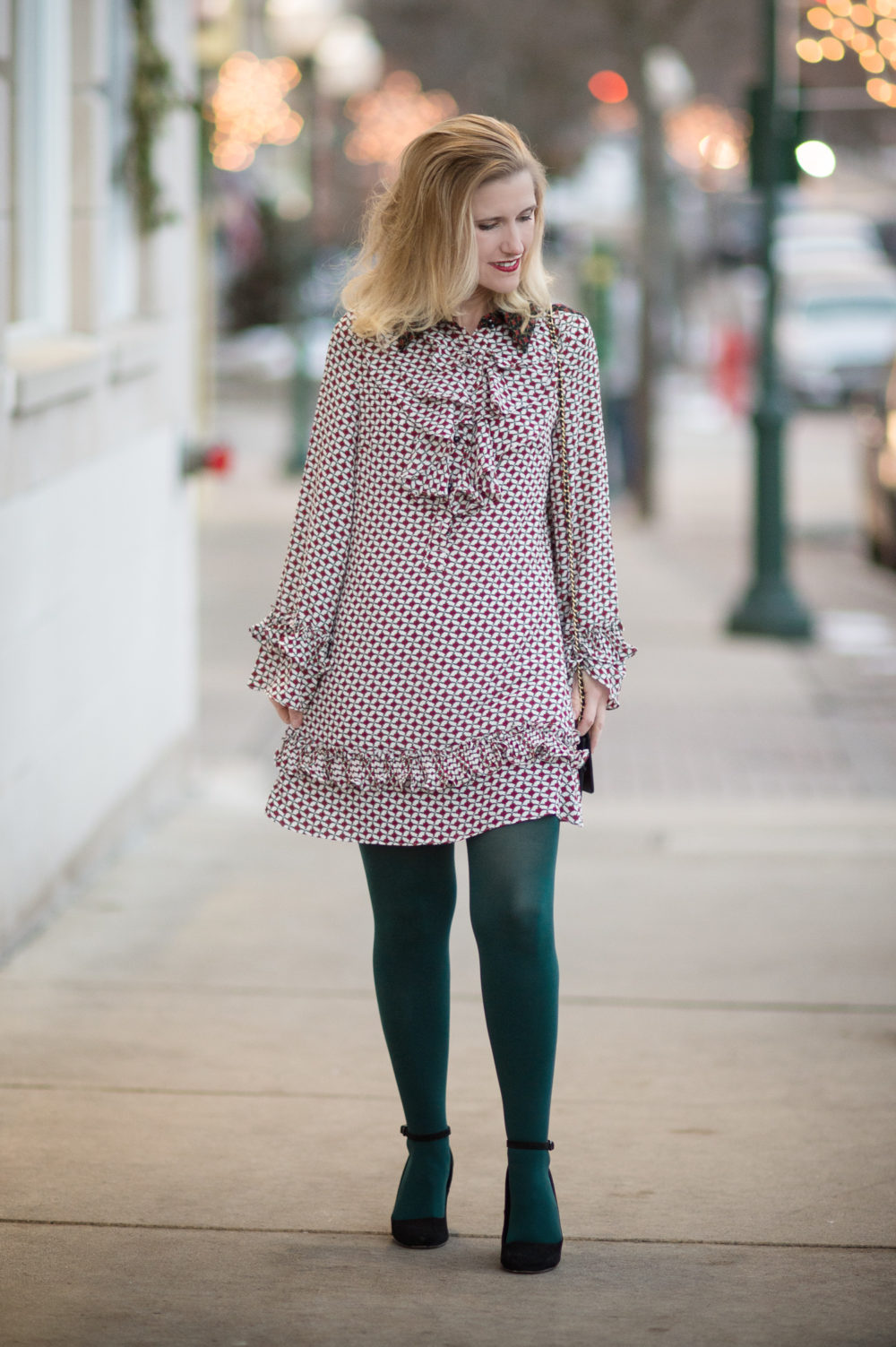 Petite Fashion and Style Blog | Sister Jane Petite Dres With Collar and Frills | Hue Super Opaque Tights | Clarks Chrysa Suede Pumps | Chanel WOC | Click to Read More...