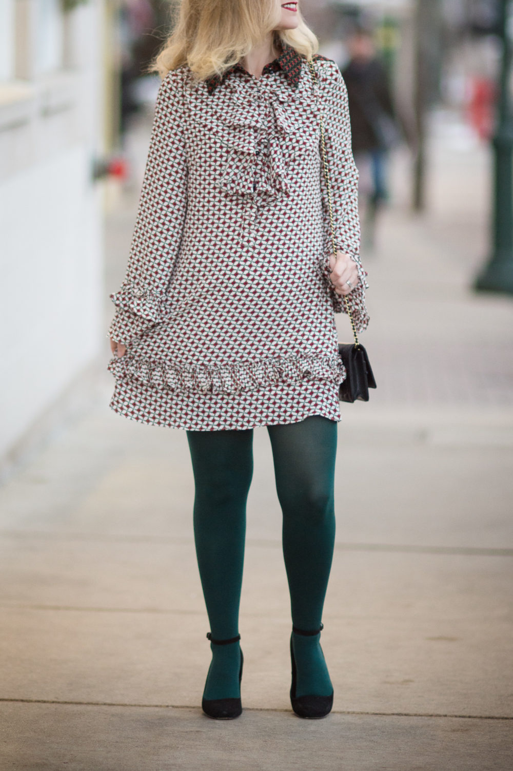 Petite Fashion and Style Blog | Sister Jane Petite Dres With Collar and Frills | Hue Super Opaque Tights | Clarks Chrysa Suede Pumps | Chanel WOC | Click to Read More...