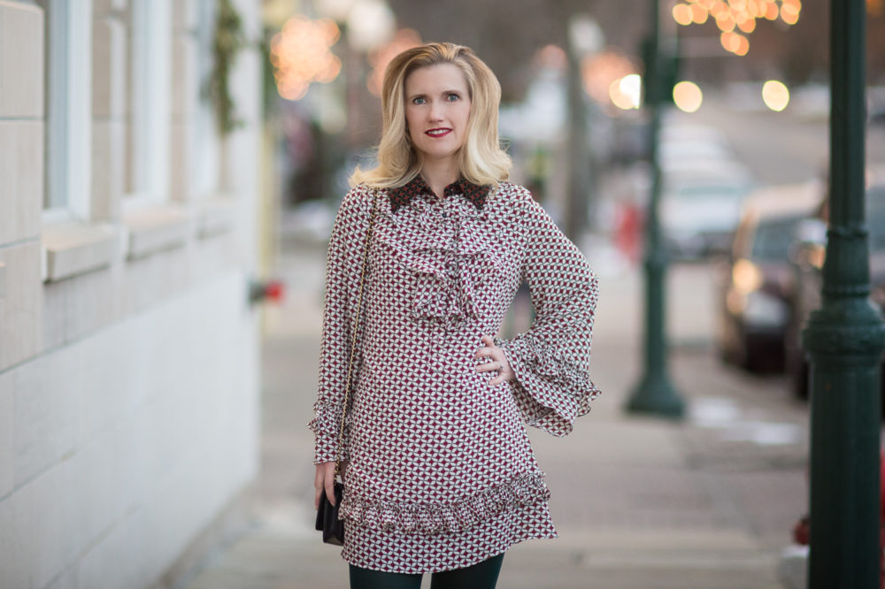 Petite Fashion and Style Blog | Sister Jane Petite Dres With Collar and Frills | Hue Super Opaque Tights | Clarks Chrysa Suede Pumps | Chanel WOC | Click to Read More...