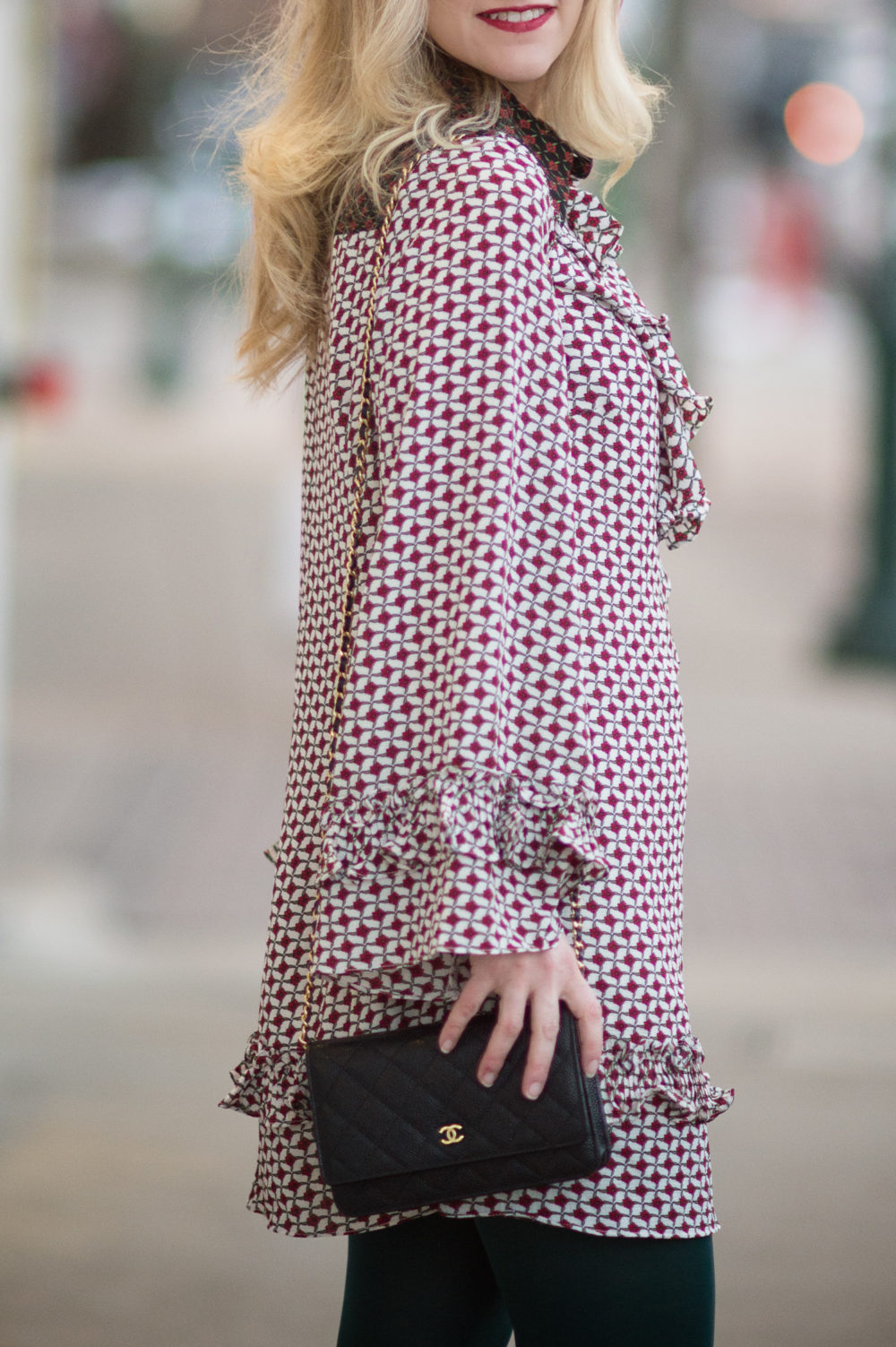 Petite Fashion and Style Blog | Sister Jane Petite Dres With Collar and Frills | Hue Super Opaque Tights | Clarks Chrysa Suede Pumps | Chanel WOC | Click to Read More...