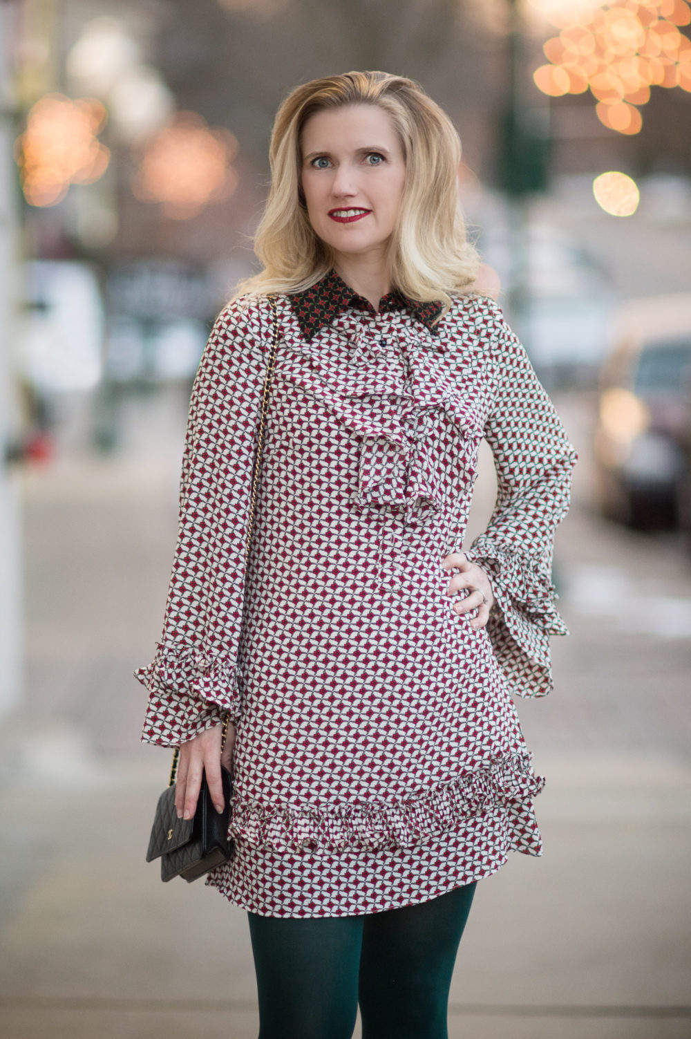 Petite Fashion and Style Blog | Sister Jane Petite Dres With Collar and Frills | Hue Super Opaque Tights | Clarks Chrysa Suede Pumps | Chanel WOC | Click to Read More...