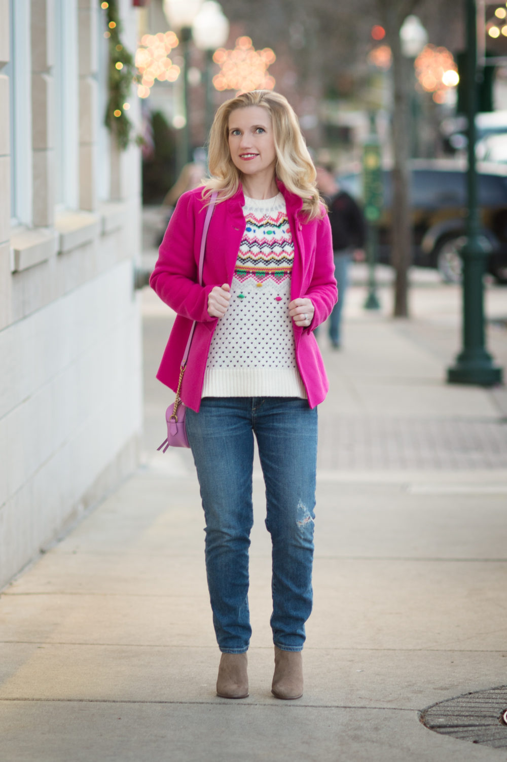 Petite Fashion and Style Blog | Talbots Carnival Fair Isle Sweater | Talbots Ruffle Neck Double Face Jacket | Talbots Pom Pom Hat | Vince Camuto Franell Bootie