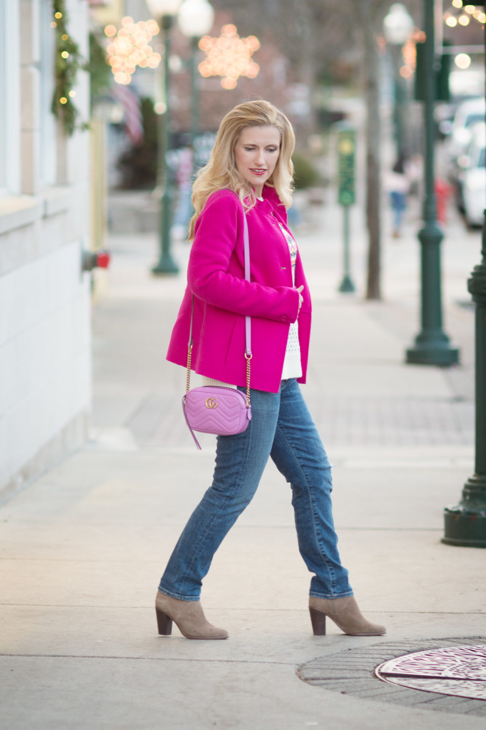 Petite Fashion and Style Blog | Talbots Carnival Fair Isle Sweater | Talbots Ruffle Neck Double Face Jacket | Talbots Pom Pom Hat | Vince Camuto Franell Bootie