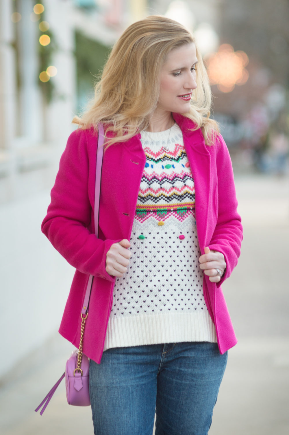 Petite Fashion and Style Blog | Talbots Carnival Fair Isle Sweater | Talbots Ruffle Neck Double Face Jacket | Talbots Pom Pom Hat | Vince Camuto Franell Bootie