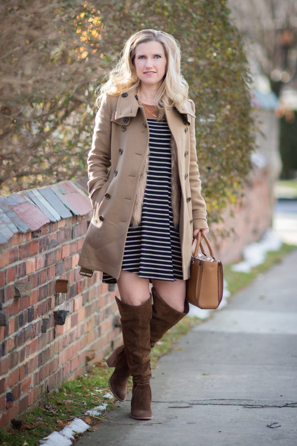 Petite Fashion and Style Blog | Fashion for Petite Women | Burberry Daylesmore Coat | Fur Vest | Vince Camuto OTK Suede Boots