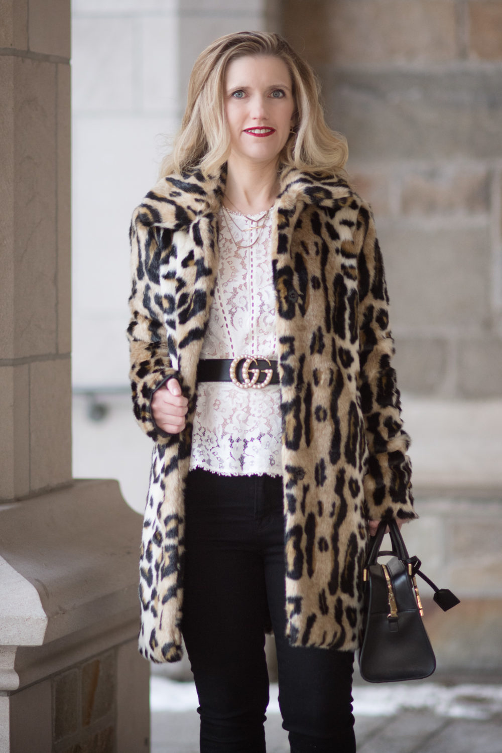 Petite Fashion Blog | Fashion for Petite Women | Kensie Leopard Coat | Gucci Double G Pearl Belt | Rebecca Taylor Lace Peplum Top | Christian Louboutin Red Heels