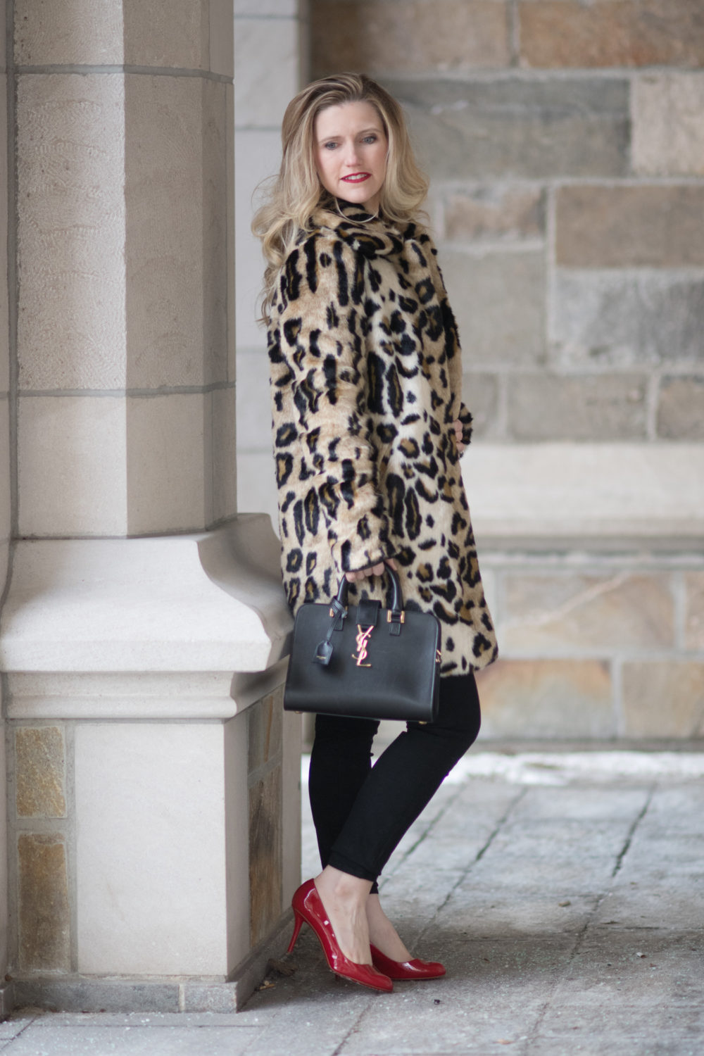 Petite Fashion Blog | Fashion for Petite Women | Kensie Leopard Coat | Gucci Double G Pearl Belt | Rebecca Taylor Lace Peplum Top | Christian Louboutin Red Heels