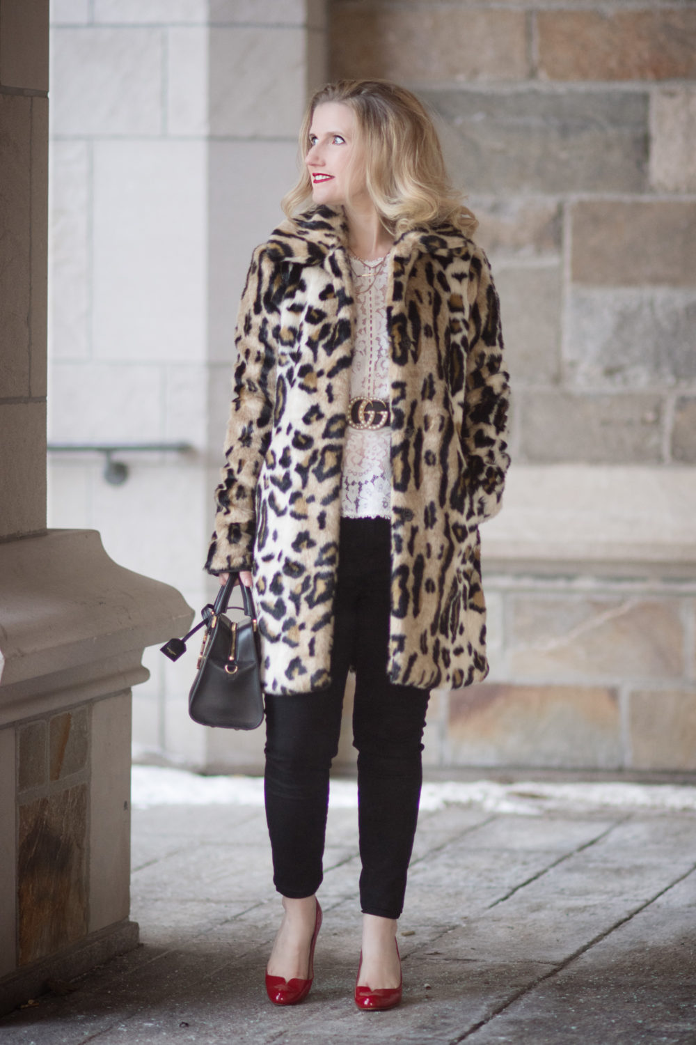 Petite Fashion Blog | Fashion for Petite Women | Kensie Leopard Coat | Gucci Double G Pearl Belt | Rebecca Taylor Lace Peplum Top | Christian Louboutin Red Heels