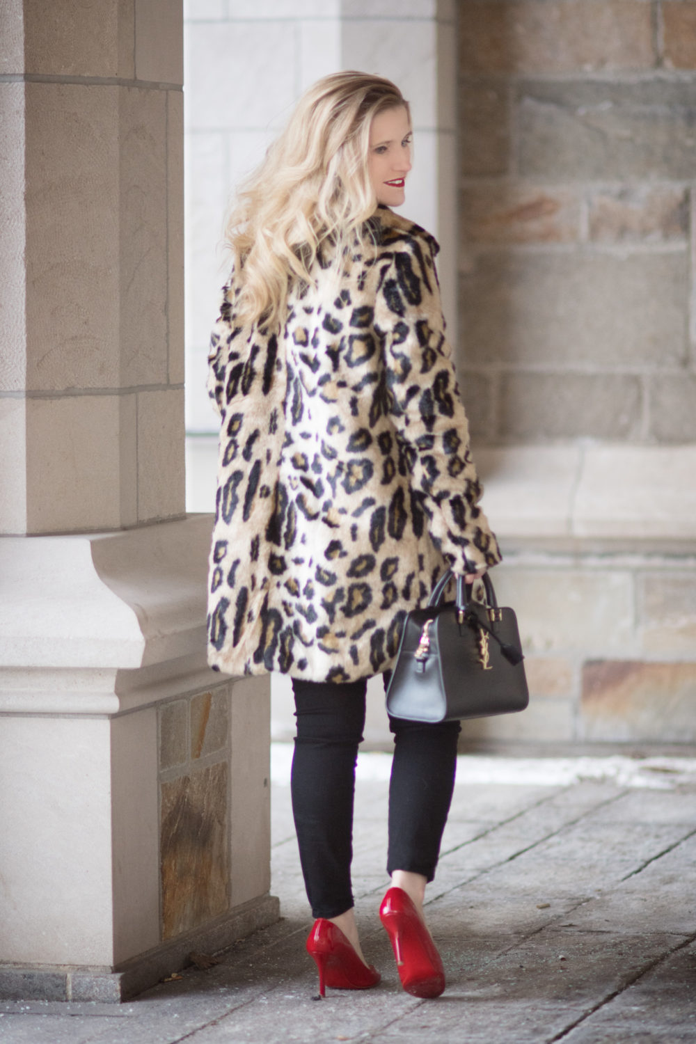 Petite Fashion Blog | Fashion for Petite Women | Kensie Leopard Coat | Gucci Double G Pearl Belt | Rebecca Taylor Lace Peplum Top | Christian Louboutin Red Heels