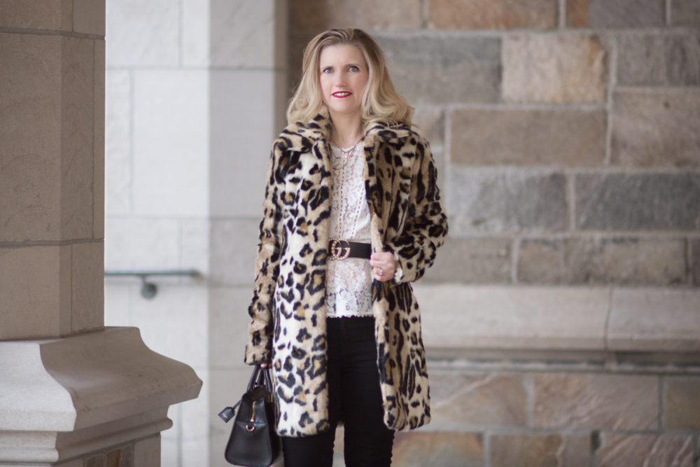 Petite Fashion Blog | Fashion for Petite Women | Kensie Leopard Coat | Gucci Double G Pearl Belt | Rebecca Taylor Lace Peplum Top | Christian Louboutin Red Heels