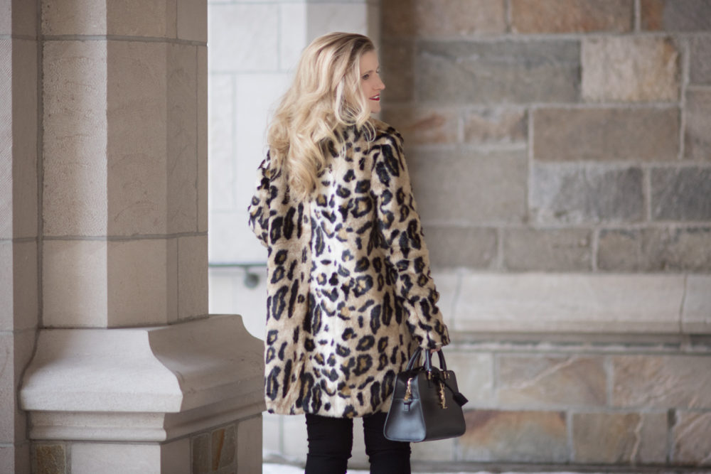 Petite Fashion Blog | Fashion for Petite Women | Kensie Leopard Coat | Gucci Double G Pearl Belt | Rebecca Taylor Lace Peplum Top | Christian Louboutin Red Heels