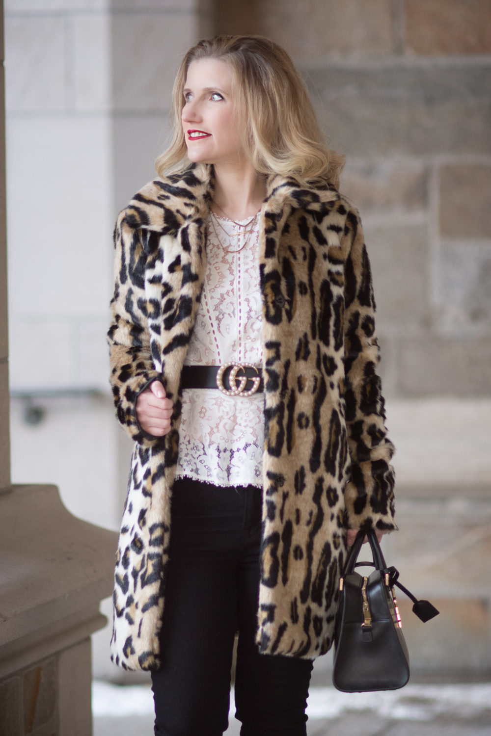Petite Fashion Blog | Fashion for Petite Women | Kensie Leopard Coat | Gucci Double G Pearl Belt | Rebecca Taylor Lace Peplum Top | Christian Louboutin Red Heels