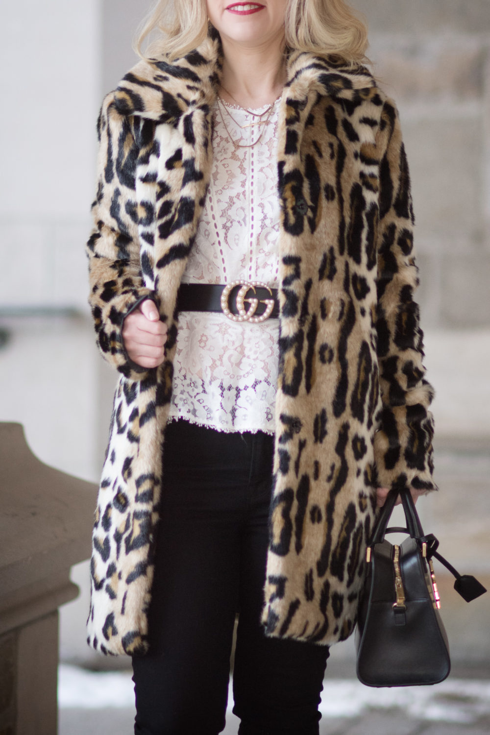 Petite Fashion Blog | Fashion for Petite Women | Kensie Leopard Coat | Gucci Double G Pearl Belt | Rebecca Taylor Lace Peplum Top | Christian Louboutin Red Heels