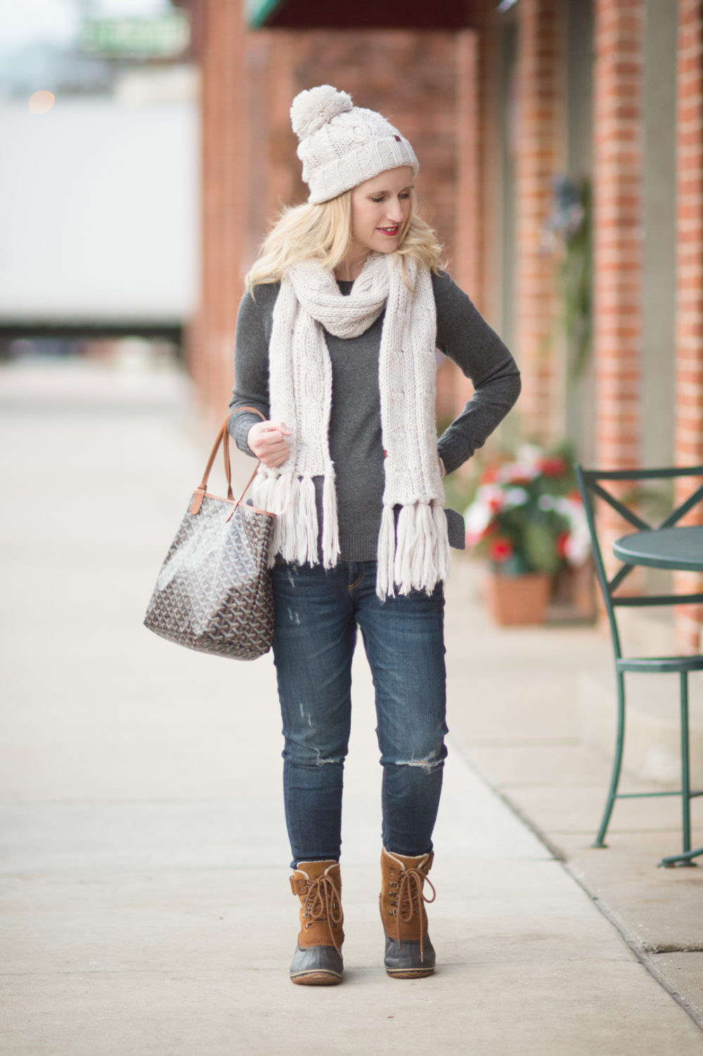 Petite Fashion and Style Blog | Fashion for Petite Women | Lark and Ro Cashmere Sweater | Sorel Winter Fancy Lace II Boot | Goyard Tote | Click to Read More...