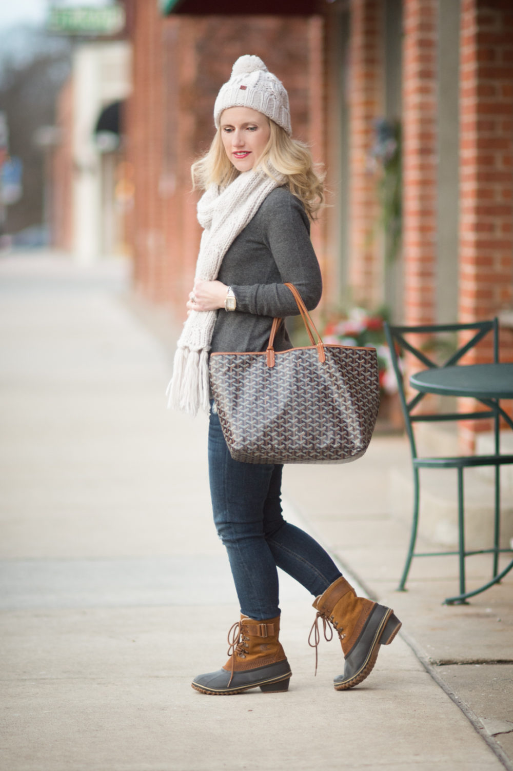 Petite Fashion and Style Blog | Fashion for Petite Women | Lark and Ro Cashmere Sweater | Sorel Winter Fancy Lace II Boot | Goyard Tote | Click to Read More...
