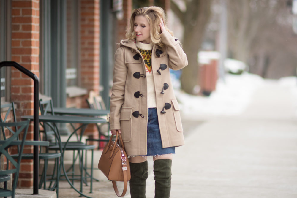Fashion for Petite Women | Madewell Fair Isle Sweater | Burberry Duffle Coat | Tory Burch Laila Suede OTK Boots | Givenchy Antigona Bag | Click to Read More...