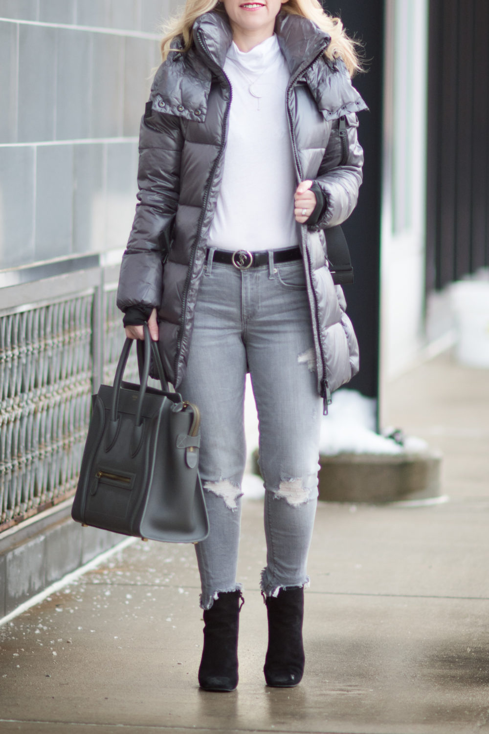 Fashion for Petite Women | SAM New Soho Down Coat | Express Gray Mid Rise Destroyed Ankle Jeans | Celine Luggage Tote | Click to Read More...