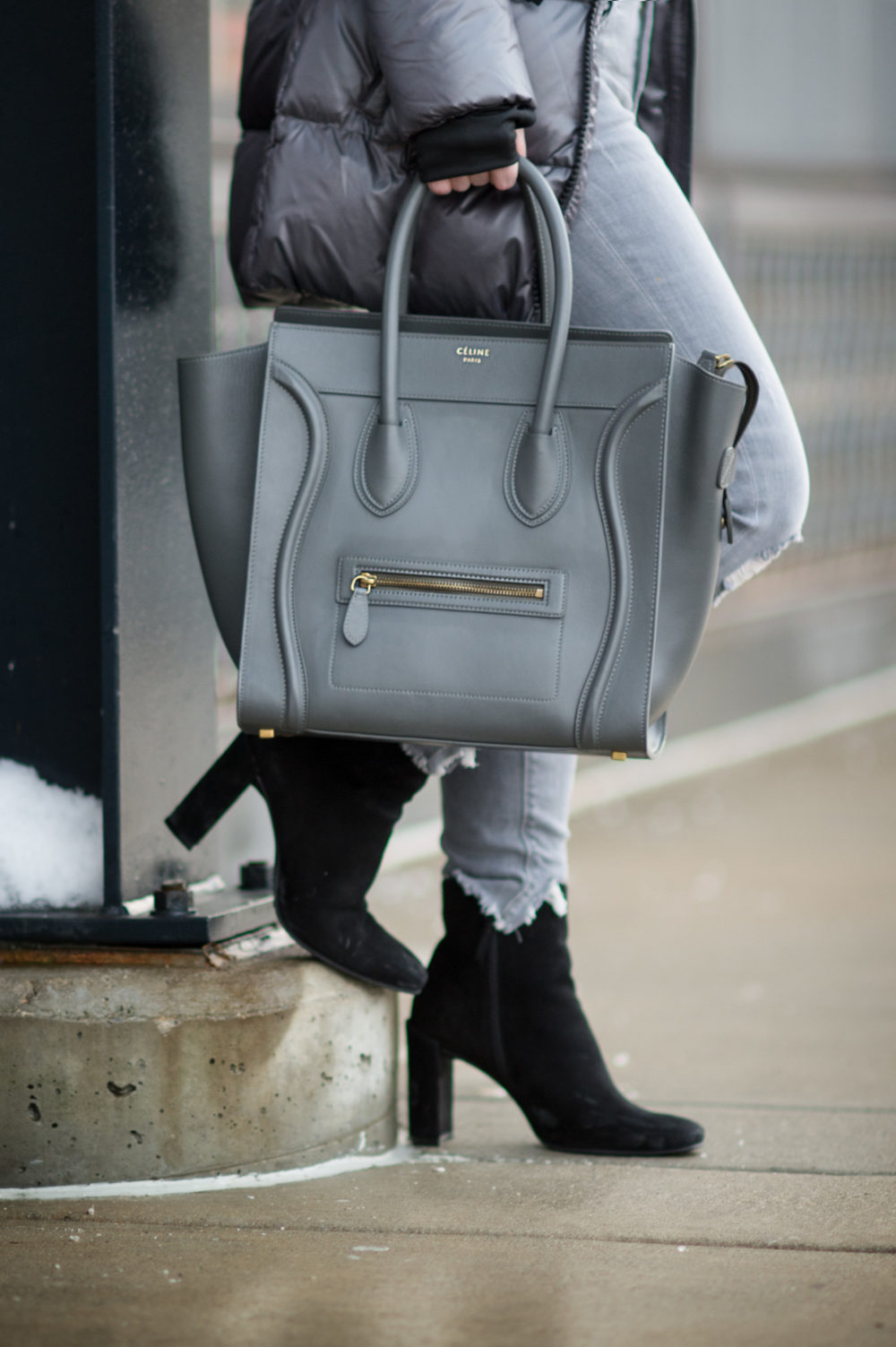 Fashion for Petite Women | SAM New Soho Down Coat | Express Gray Mid Rise Destroyed Ankle Jeans | Celine Luggage Tote-