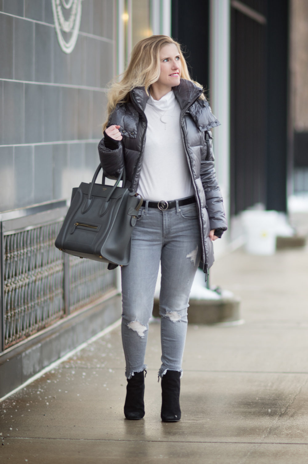 ashion for Petite Women | SAM New Soho Down Coat | Express Gray Mid Rise Destroyed Ankle Jeans | Celine Luggage Tote | Click to Read More...