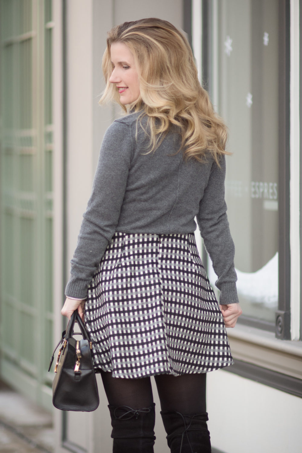 Petite Fashion and Style Blog | Fashion for Petite Women | Bloomingdale's Aqua Cashmere Turtleneck | Asos Petite Mini Flippy Skirt in Check | How To Wear Dresses in the Winter and Stay Warm