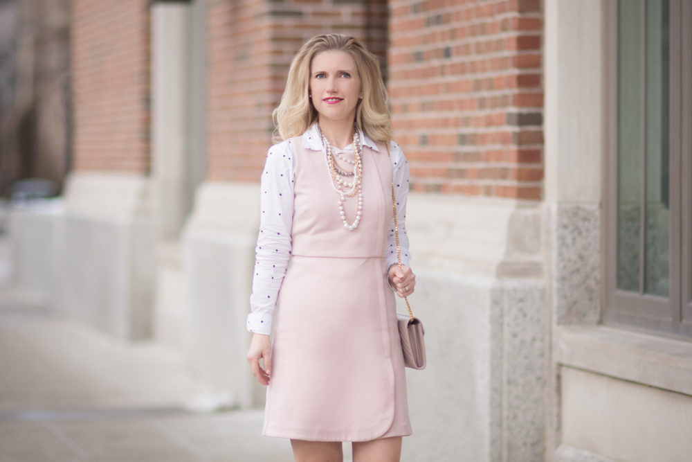 Petite Fashion and Style Blog | Fashion for Petite Women | Pink Sheath Dress | Polka Dot Blouse | YSL Wallet on Chain | How to Wear a Dress in the Winter |