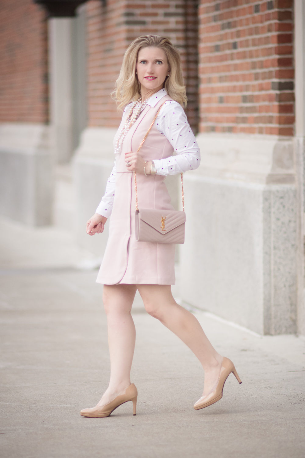 Petite Fashion and Style Blog | Fashion for Petite Women | Pink Sheath Dress | Polka Dot Blouse | YSL Wallet on Chain | How to Wear a Dress in the Winter |