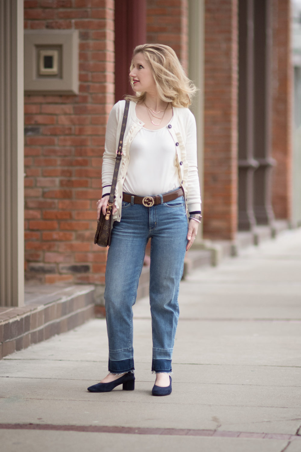Petite Fashion and Style Blog | Fashion for Petite Women | Talbots Ruffle Front Cardigan | Talbots Lightweight Sheath Dress | Ferragamo buckle belt | Gigi New York Amelie Bag - Talbots New Arrivals styled by popular Michigan petite fashion blogger The Blue Hydrangeas