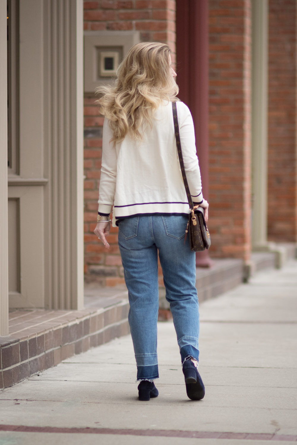 Petite Fashion and Style Blog | Fashion for Petite Women | Talbots Ruffle Front Cardigan Sweater | Gucci Double G Belt | Everlane The Day Heel | Click to Read More...