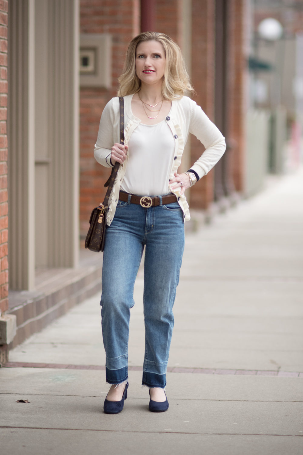 Petite Fashion and Style Blog | Fashion for Petite Women | Talbots Ruffle Front Cardigan Sweater | Gucci Double G Belt | Everlane The Day Heel | Click to Read More... - Talbots New Arrivals styled by popular Michigan petite fashion blogger The Blue Hydrangeas