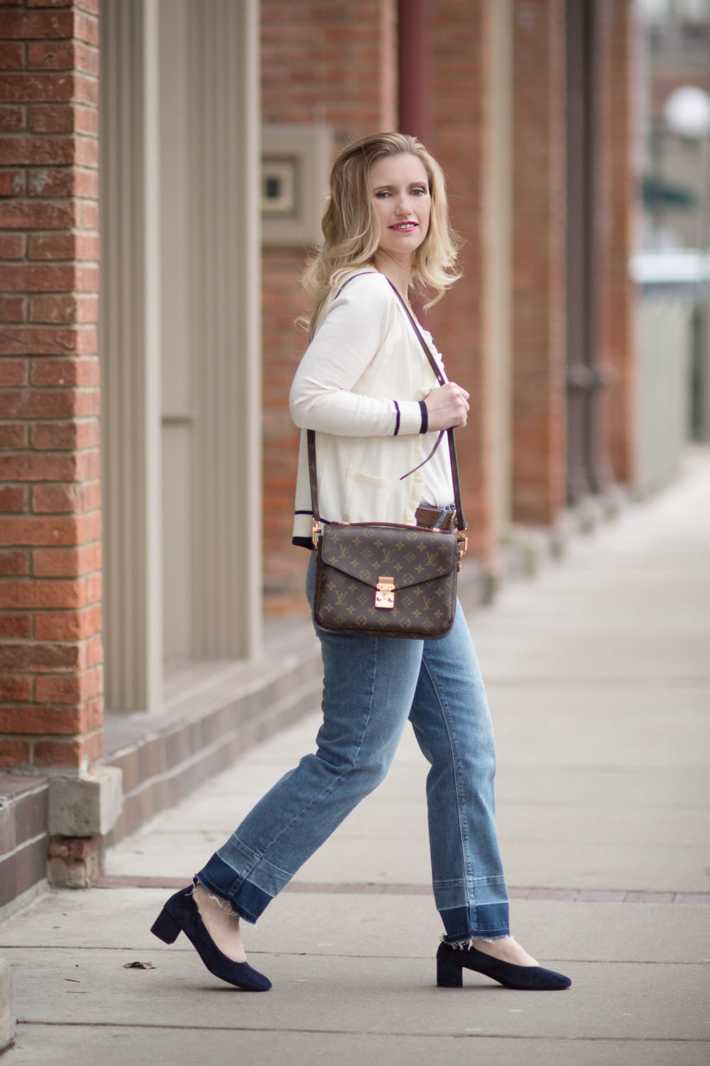 Petite Fashion and Style Blog | Fashion for Petite Women | Talbots Ruffle Front Cardigan Sweater | Gucci Double G Belt | Everlane The Day Heel | Click to Read More... - Talbots New Arrivals styled by popular Michigan petite fashion blogger The Blue Hydrangeas