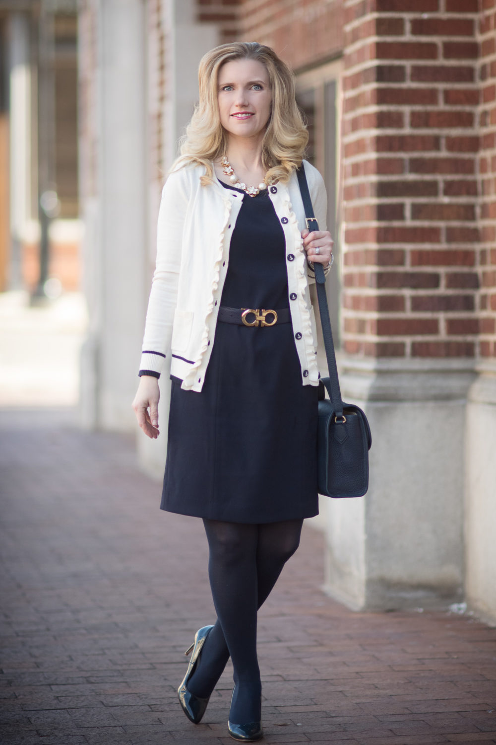 Petite Fashion and Style Blog | Fashion for Petite Women | Talbots Ruffle Front Cardigan | Talbots Lightweight Sheath Dress | Ferragamo buckle belt | Gigi New York Amelie Bag - Talbots New Arrivals styled by popular Michigan petite fashion blogger The Blue Hydrangeas