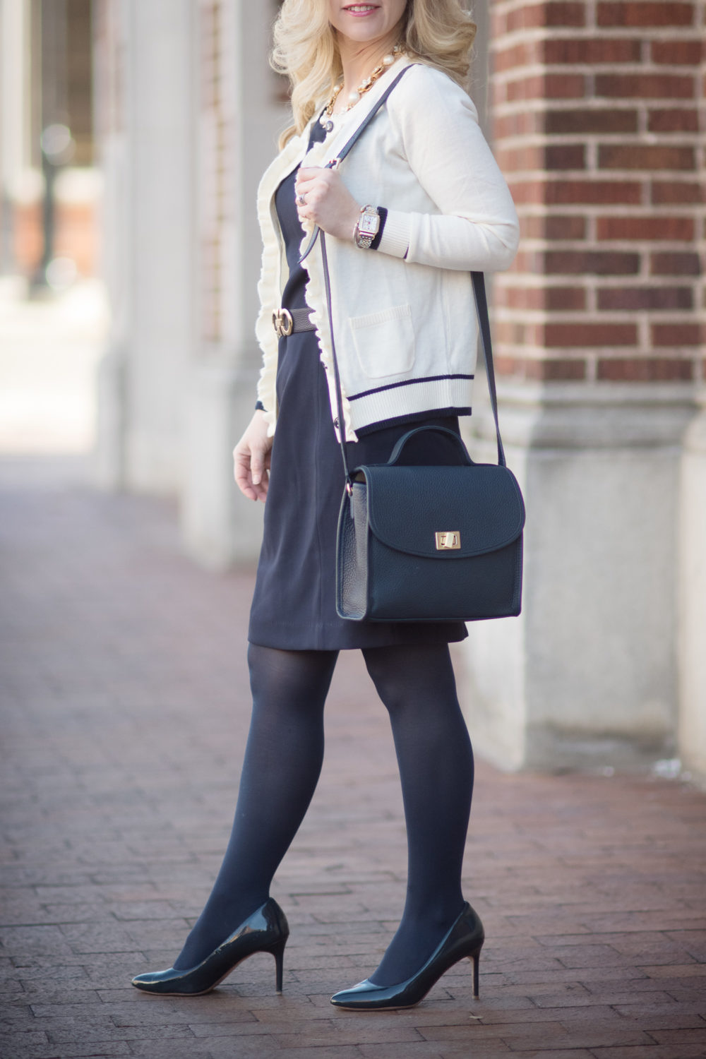 Petite Fashion and Style Blog | Fashion for Petite Women | Talbots Ruffle Front Cardigan | Talbots Lightweight Sheath Dress | Ferragamo buckle belt | Gigi New York Amelie Bag - Talbots New Arrivals styled by popular Michigan petite fashion blogger The Blue Hydrangeas