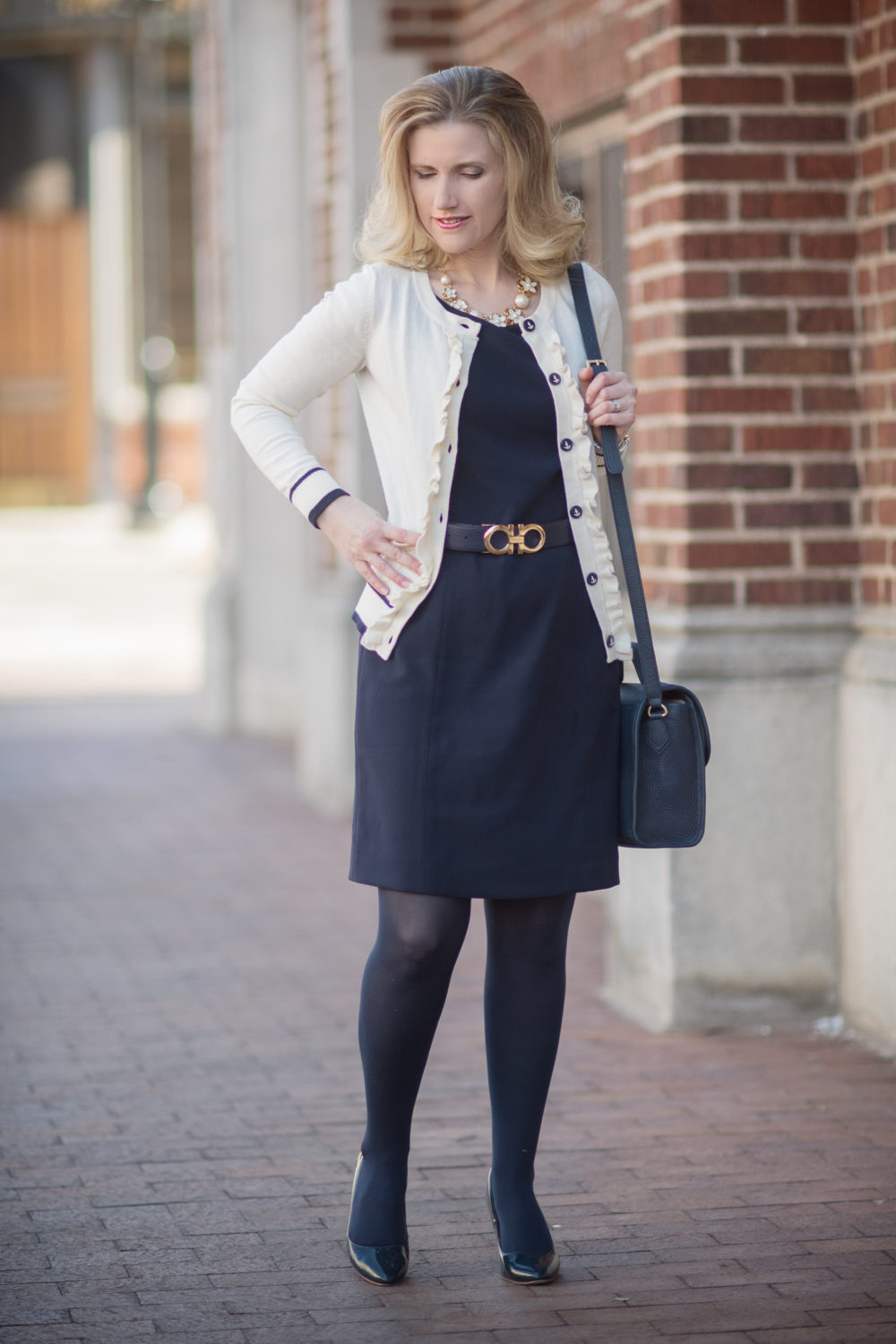 Petite Fashion and Style Blog | Fashion for Petite Women | Talbots Ruffle Front Cardigan | Talbots Lightweight Sheath Dress | Ferragamo buckle belt | Gigi New York Amelie Bag - Talbots New Arrivals styled by popular Michigan petite fashion blogger The Blue Hydrangeas