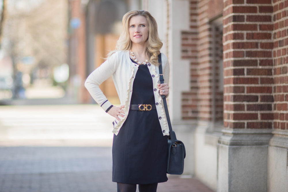 Petite Fashion and Style Blog | Fashion for Petite Women | Talbots Ruffle Front Cardigan | Talbots Lightweight Sheath Dress | Ferragamo buckle belt | Gigi New York Amelie Bag - Talbots New Arrivals styled by popular Michigan petite fashion blogger The Blue Hydrangeas