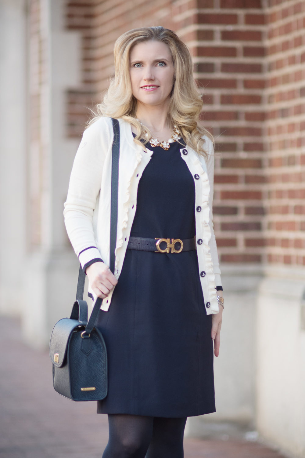Petite Fashion and Style Blog | Fashion for Petite Women | Talbots Ruffle Front Cardigan | Talbots Lightweight Sheath Dress | Ferragamo buckle belt | Gigi New York Amelie Bag - Talbots New Arrivals styled by popular Michigan petite fashion blogger The Blue Hydrangeas