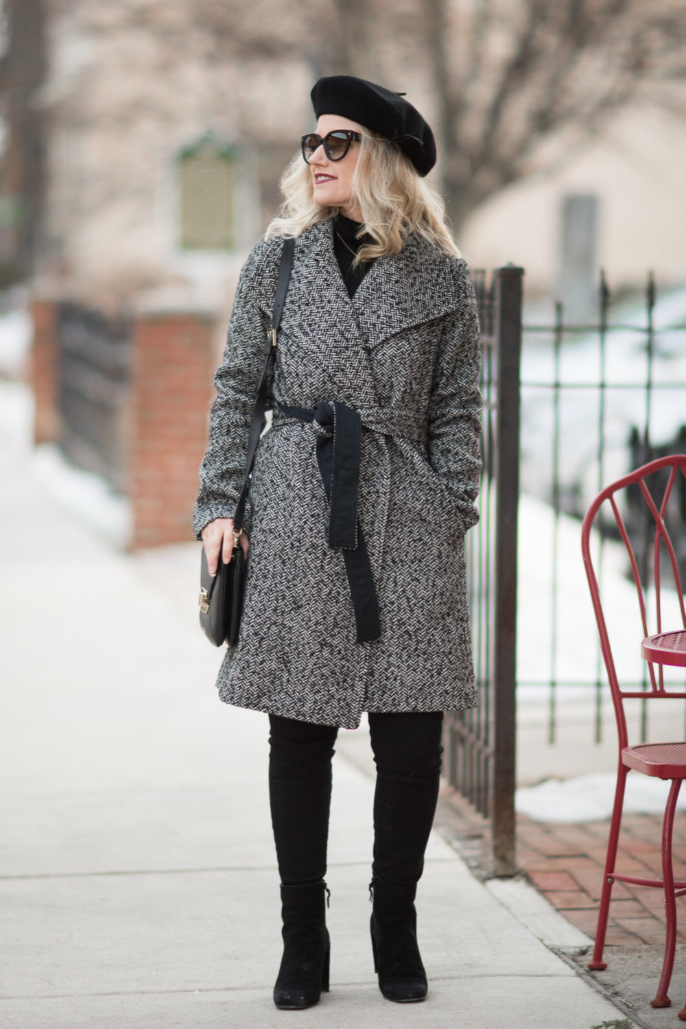 Petite Fashion and Style Blog | Fashion for Petite Women | Ann Taylor Herringbone Wrap Coat | Ferragamo Gancini Reversible Saffiano Leather Belt | Christian Louboutin Velvet Matte Lip Color