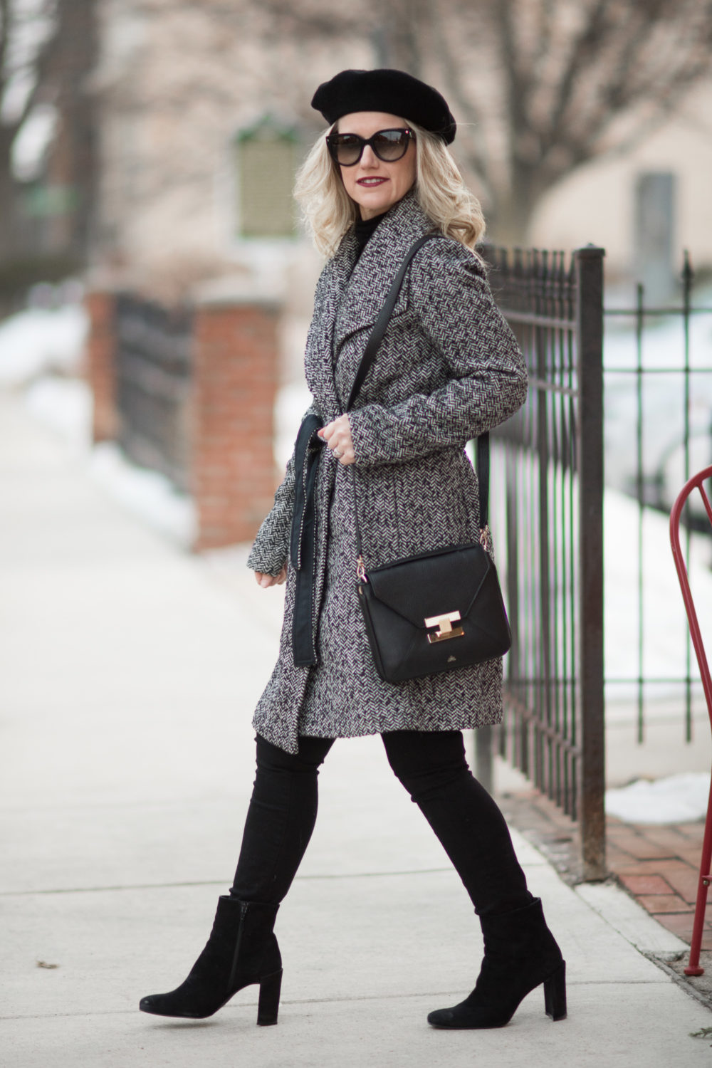 Petite Fashion and Style Blog | Fashion for Petite Women | Ann Taylor Herringbone Wrap Coat | Ferragamo Gancini Reversible Saffiano Leather Belt | Christian Louboutin Velvet Matte Lip Color