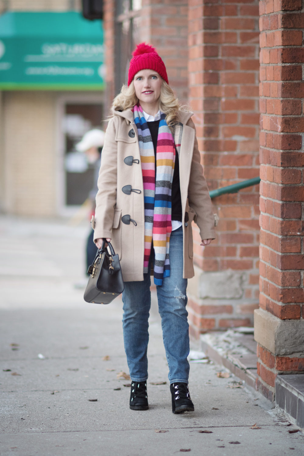 Petite Fashion and Style Blog | Fashion for Petite Women | Burberry Mercey Duffle | Sam Edelman Carolena Ankle Boot | Gap Crazy Strip Scarf | How to Fight the Winter Blues | Click to Read More...