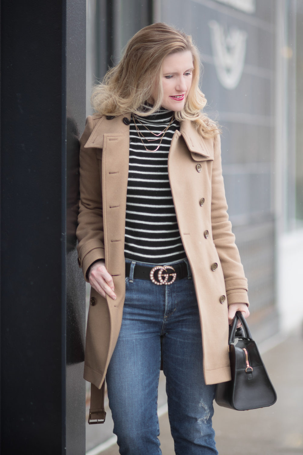 Petite Fashion and Style Blog | Fashion for Petite Women | Halogen Funnel Neck Cashmere Sweater | Burberry Funnel Neck Wool Coat | Gucci Pearl Belt