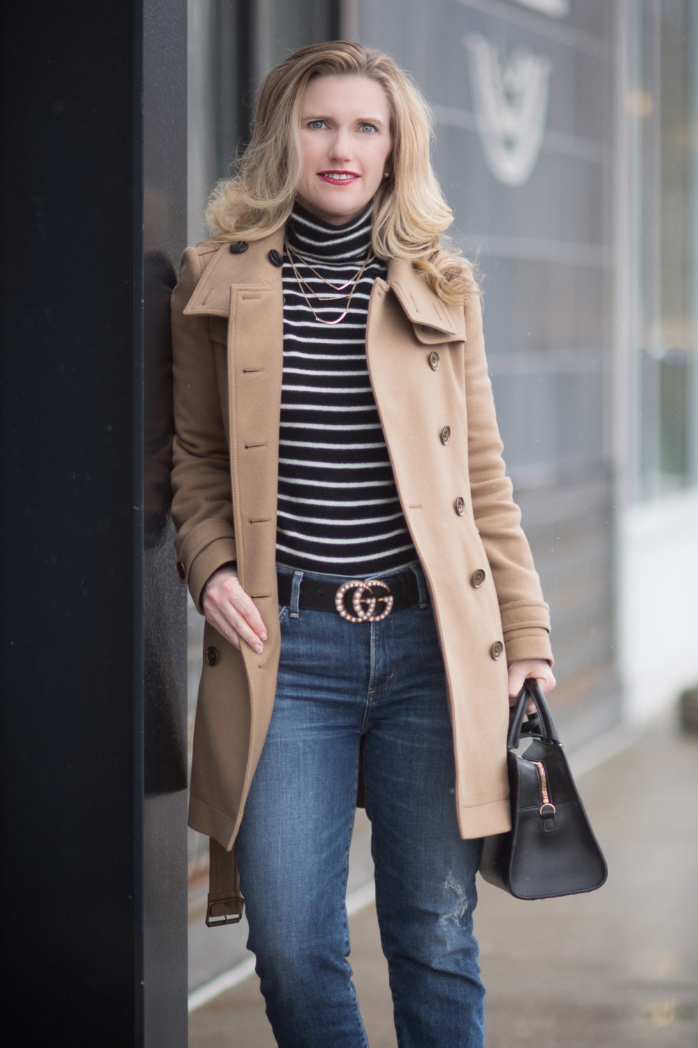 Petite Fashion and Style Blog | Fashion for Petite Women | Halogen Funnel Neck Cashmere Sweater | Burberry Funnel Neck Wool Coat | Gucci Pearl Belt