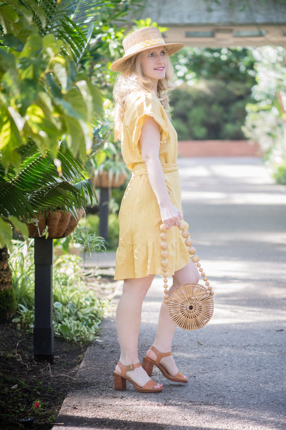 Petite Fashion and Style Blog | ASTR Ruffle Wrap Dress | Cult Gaia Bamboo Circle Bag | Lack of Color Boater Hat