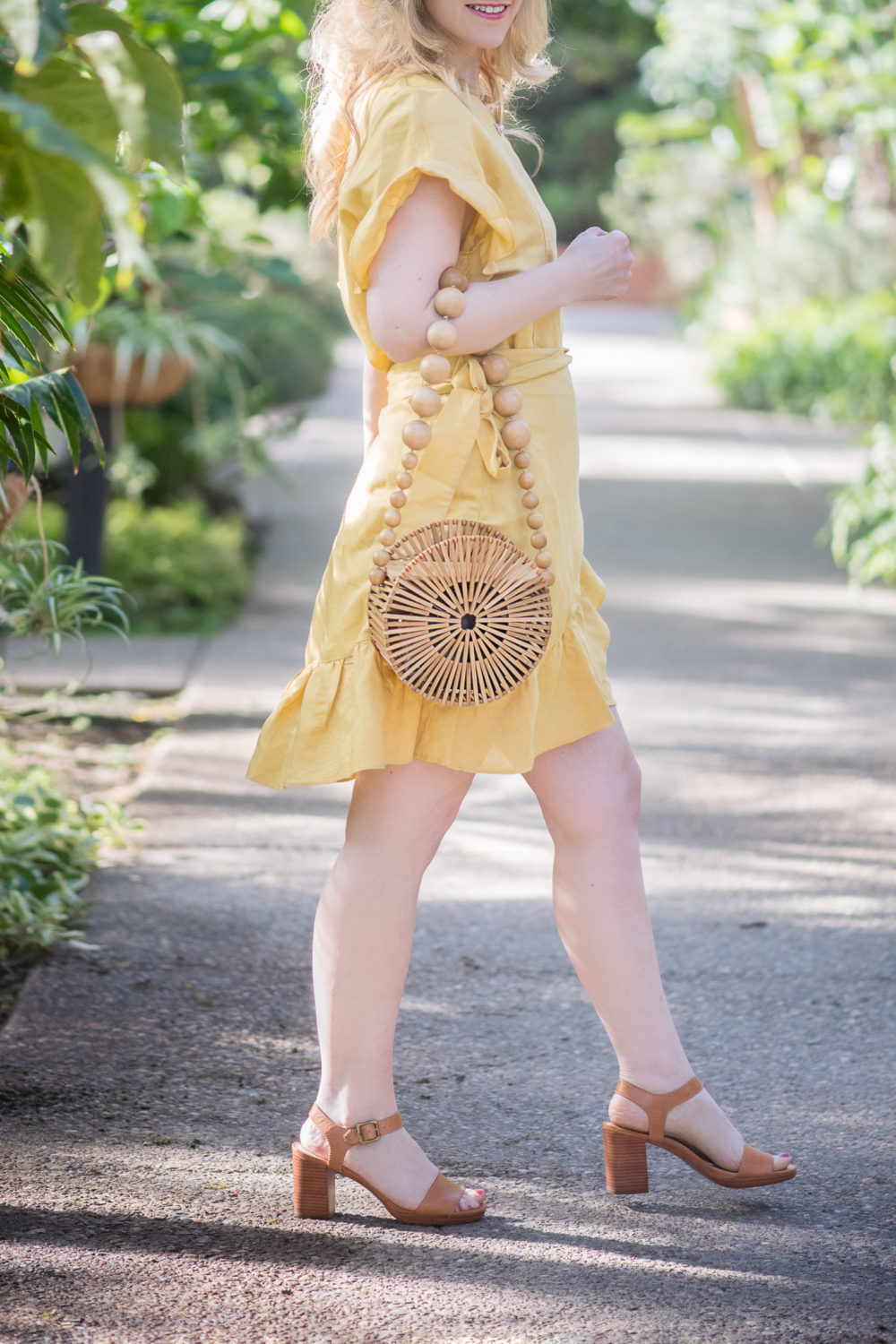 Petite Fashion and Style Blog | ASTR Ruffle Wrap Dress | Cult Gaia Bamboo Circle Bag | Lack of Color Boater Hat