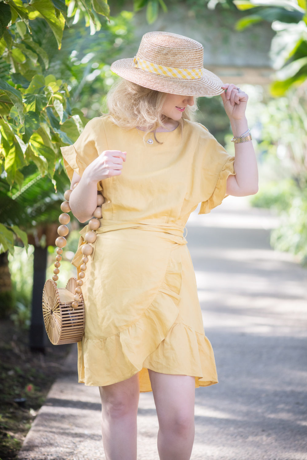 Petite Fashion and Style Blog | ASTR Ruffle Wrap Dress | Cult Gaia Bamboo Circle Bag | Lack of Color Boater Hat