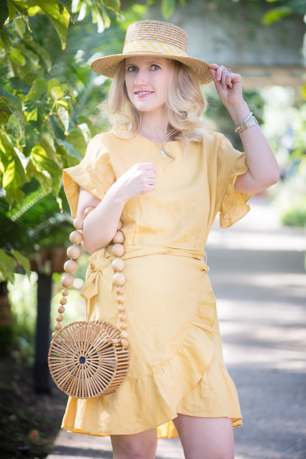 Petite Fashion and Style Blog | ASTR Ruffle Wrap Dress | Cult Gaia Bamboo Circle Bag | Lack of Color Boater Hat