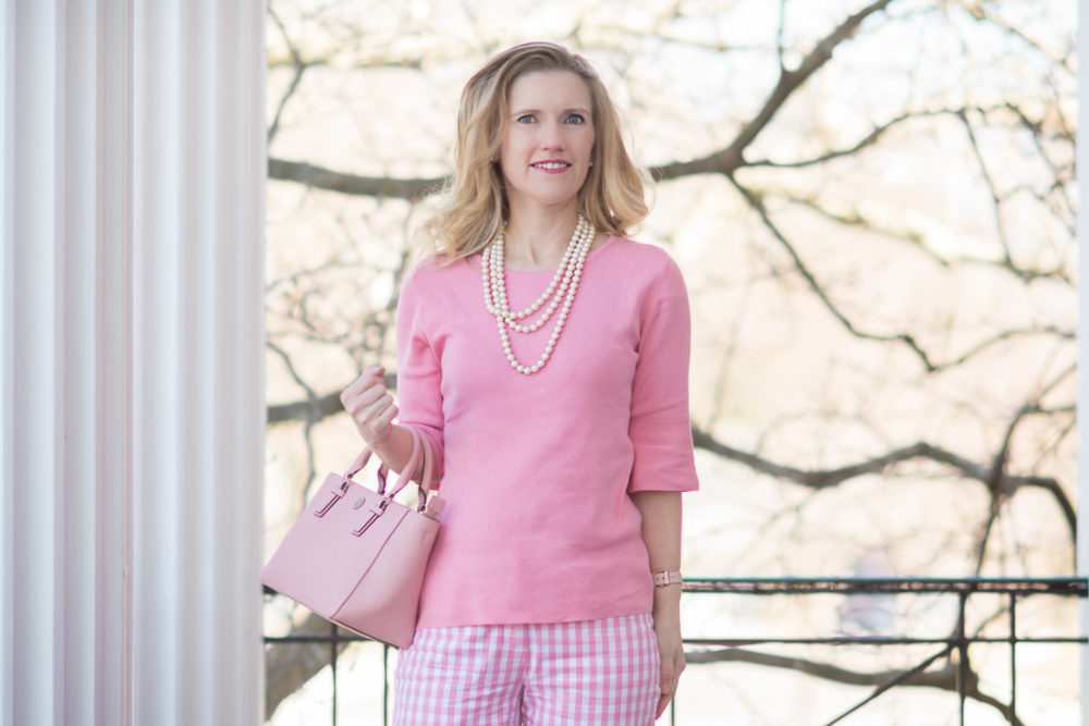 Chadwicks of Boston Bell Sleeve Knit Top | Chadwicks of Boston Gingham Capri Pants | Carolee Pearl Necklace | Tory Burch Robinson Tote | Sergio Rossi Maui Espadrille Sandals