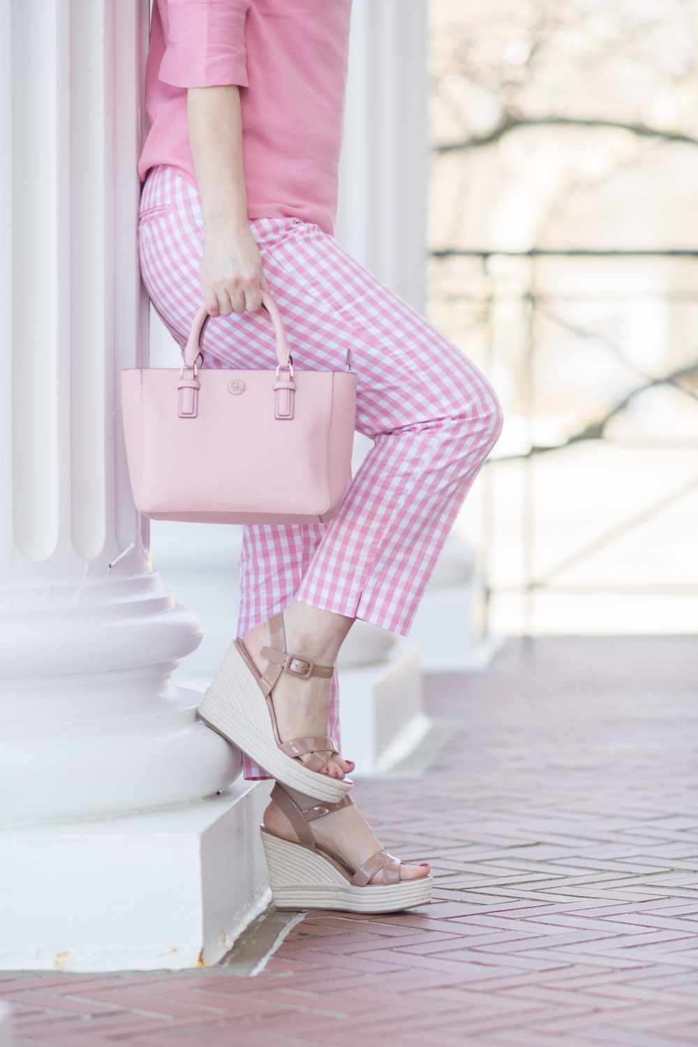 Chadwicks of Boston Bell Sleeve Knit Top | Chadwicks of Boston Gingham Capri Pants | Carolee Pearl Necklace | Tory Burch Robinson Tote | Sergio Rossi Maui Espadrille Sandals