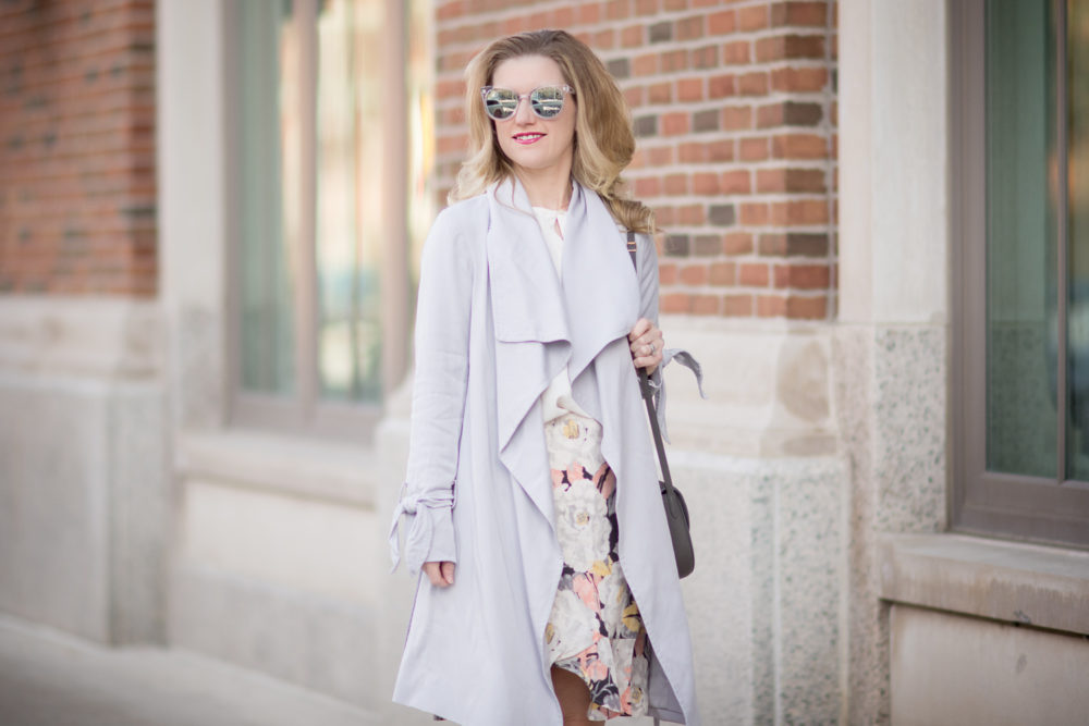 Petite Fashion and Style Blog | Club Monaco Ellayne Tie Trench | Loft Floral Flounce Skirt | Loft Bell Cuff Blouse